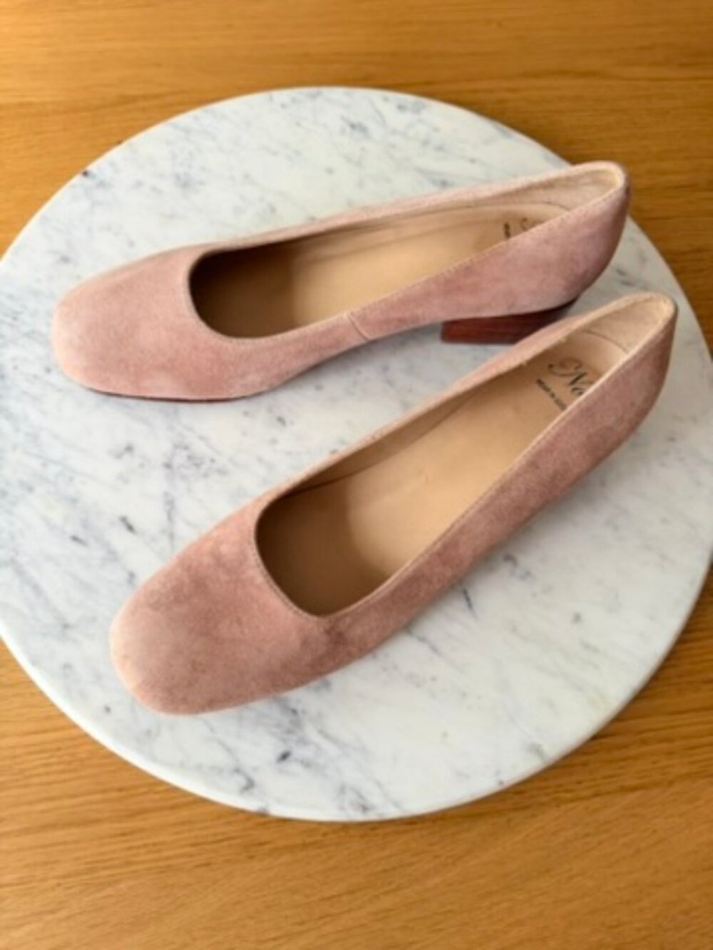 No. 6 Pink Suede stacked wood low heels, size 10